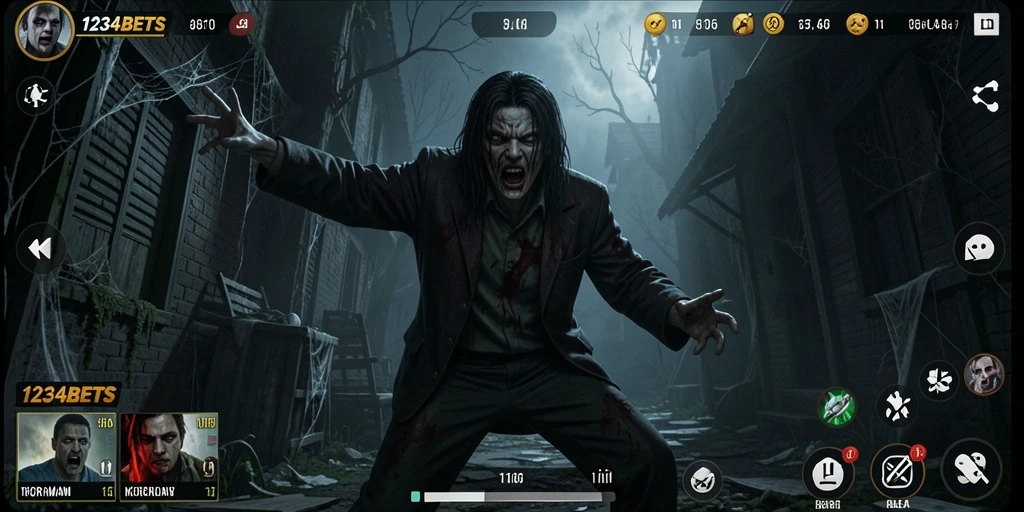 Screenshot gameplay 1234BETS menampilkan suasana horor yang mencekam.