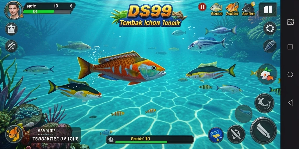 Screenshot gameplay DS99 yang menampilkan aksi tembak ikan yang seru.