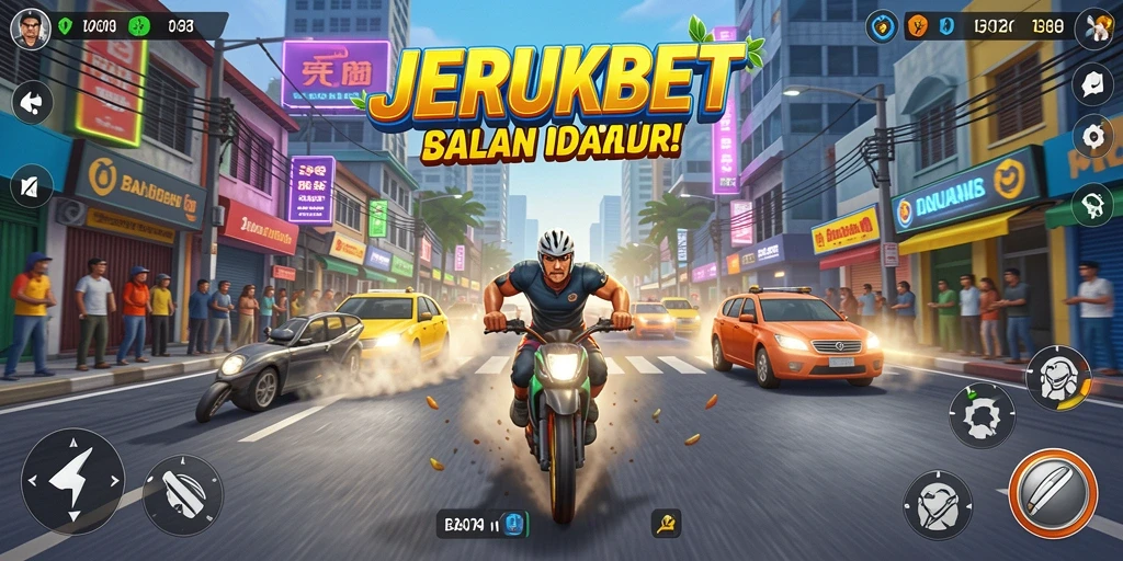 Gameplay balapan JERUKBET yang mendebarkan dan penuh tantangan.
