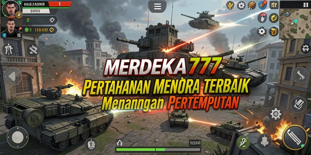 Screenshot gameplay dari MERDEKA777 menampilkan pertempuran menara yang mendebarkan.