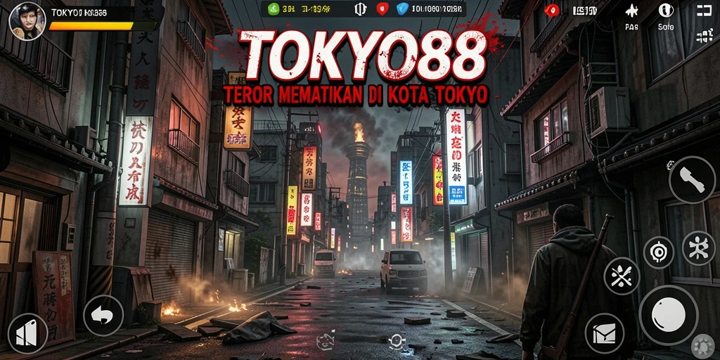 Tampilan gameplay mencekam dari TOKYO88 saat menjelajahi kota Tokyo yang gelap.
